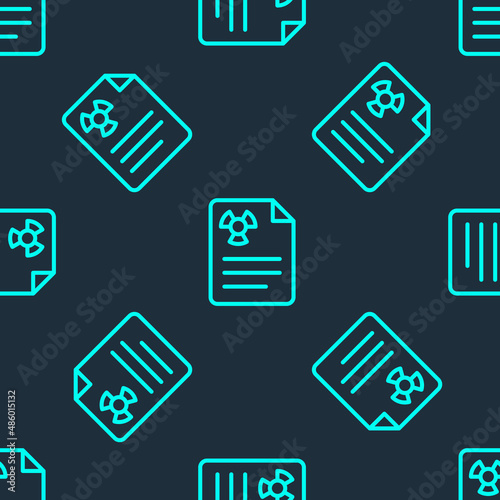 Green line Radiation warning document icon isolated seamless pattern on blue background. Text file. Vector