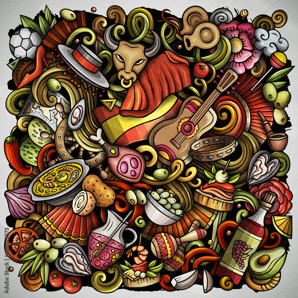 Naklejka premium Spain cartoon vector doodles illustration.