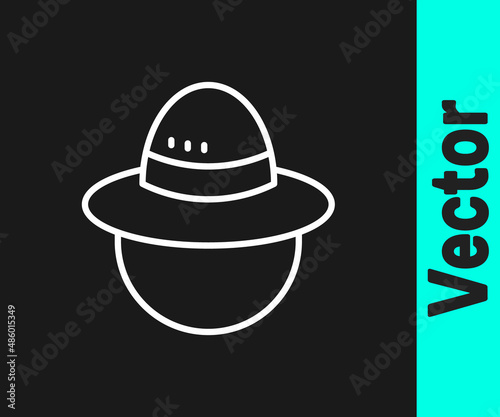 White line Camping hat icon isolated on black background. Beach hat panama. Explorer travelers hat for hunting, hiking, tourism. Vector