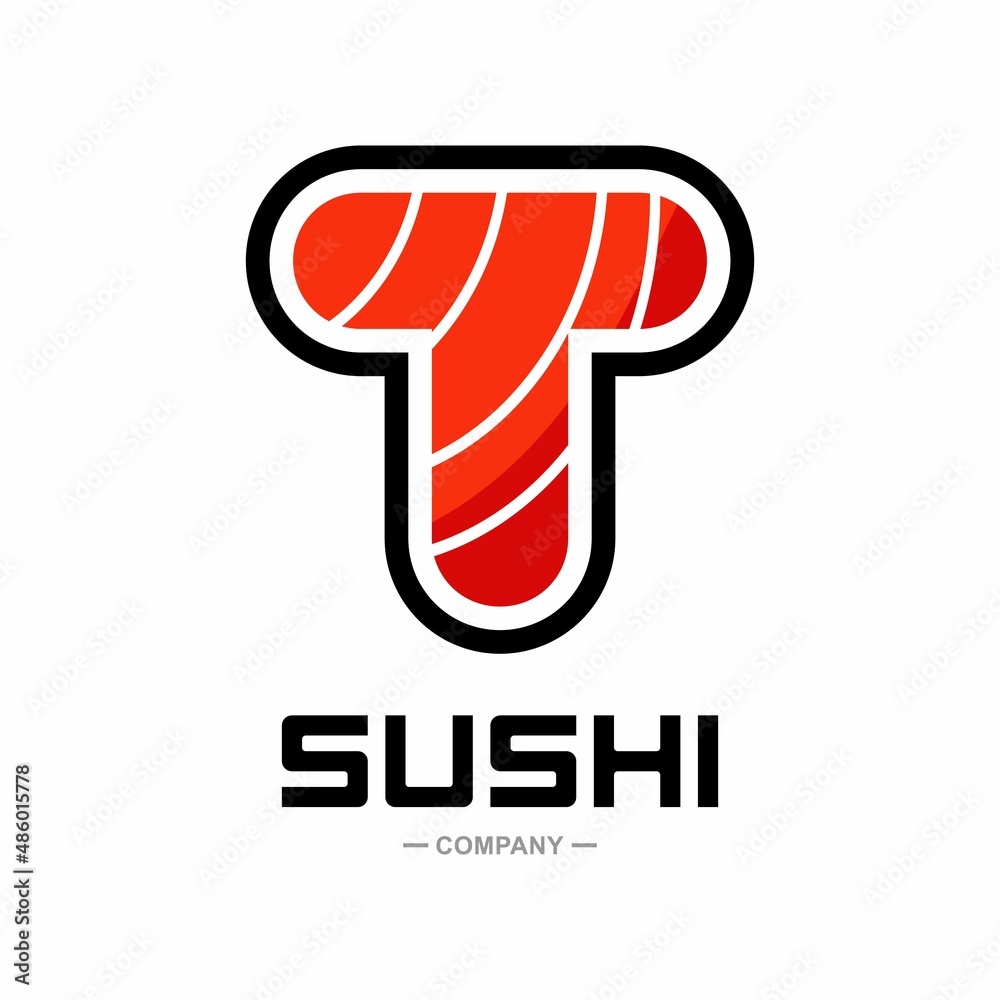 Fototapeta premium Sushi letter T vector logo design. This good for restaurant or bar sushi, emblem of Japanese food with icon shape of sushi