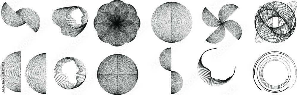 Big set of lines in various shape . Spiral Vector Illustration .Big collection of round Logos . Rouhgen edges . Abstract Geometric circular shapes .Rotating radial lines collection. Concentric circles
