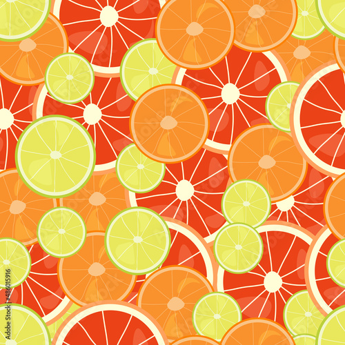 Vector pattern of citrus slices. Citrus round slices of grapefruit, lime, orange.