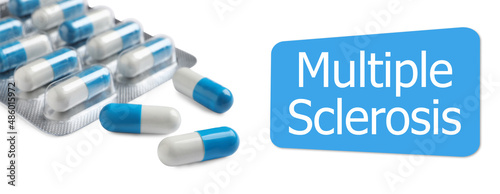 Multiple sclerosis treatment. Blister with pills on white background, banner design photo