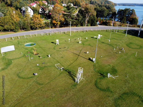 A meteorological garden with many devices for measuring weather phenomena. Equipment on meteorological station to monitor weather events