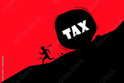 Tax burden. Big tax stone falling down behind a running man from the mountain. Employee running away from tax rock.