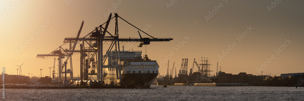 large container ship in the port of hamburg at sunrise 
