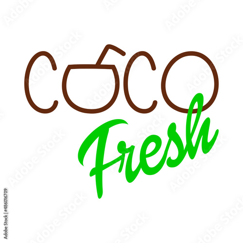 Beach bar. Logotipo de bebida de agua de coco. Banner con texto Coco Fresh con coco con forma de letra O con líneas en color marrón y verde