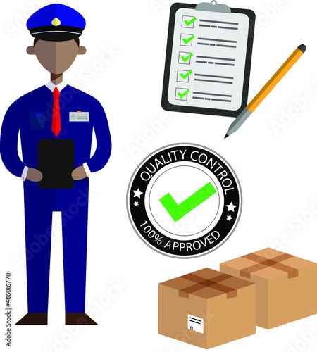 Customs declaration concept. parcel passed customs control. Officer checked parcel. isolated checked customs declaration invoice in front of shipping box. vector illustration