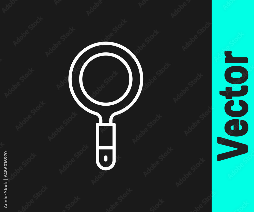 White line Magnifying glass icon isolated on black background. Search, focus, zoom, business symbol. Vector White line Magnifying glass icon isolated on black background. Search, focus, zoom, business symbol. Vector