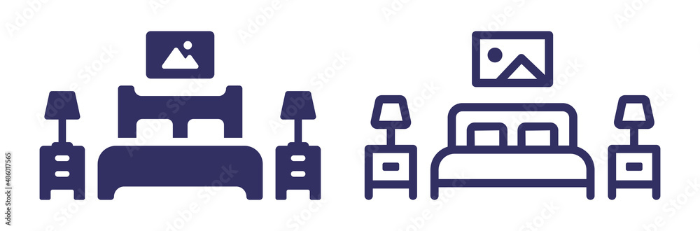 Bedroom icon in flat outline design. Home interior icon vector illustration. Bedroom icon in flat outline design. Home interior icon vector illustration.