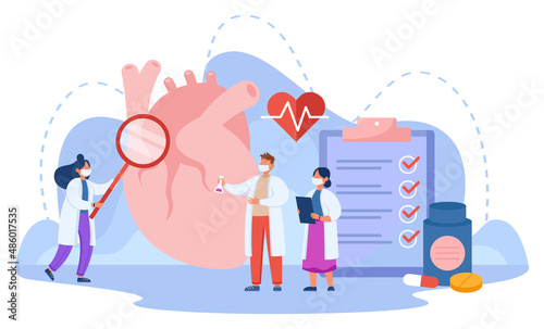 Tiny doctors studying huge human heart. Cardiologists examining patient with cardiovascular disease flat vector illustration. Health, diagnosis, cardiology concept for banner or landing web page