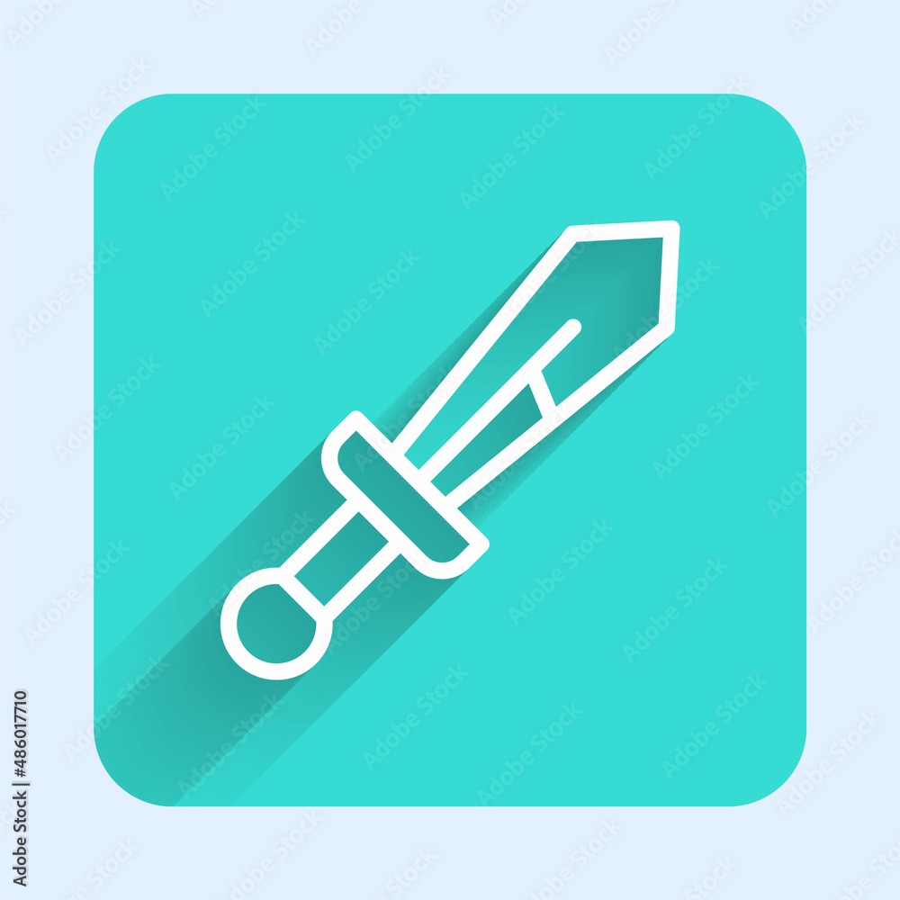 White line Medieval sword icon isolated with long shadow background. Medieval weapon. Green square button. Vector White line Medieval sword icon isolated with long shadow background. Medieval weapon. Green square button. Vector