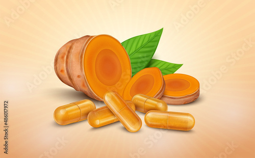 Turmeric ayurvedic capsule vector illustration with turmeric root