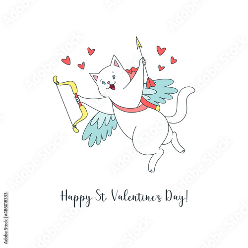 Cute Happy St. Valentine's Day card template. Illustration of a funny flying cat cupid with a bow and wings isolated on a white background. Vector 10 EPS.