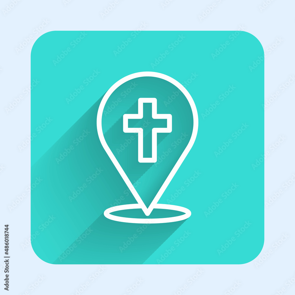 Obraz premium White line Map pin church building icon isolated with long shadow background. Christian Church. Religion of church. Green square button. Vector