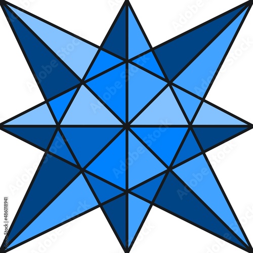 Eight pointed star. White background. Shades of blue and cyan.