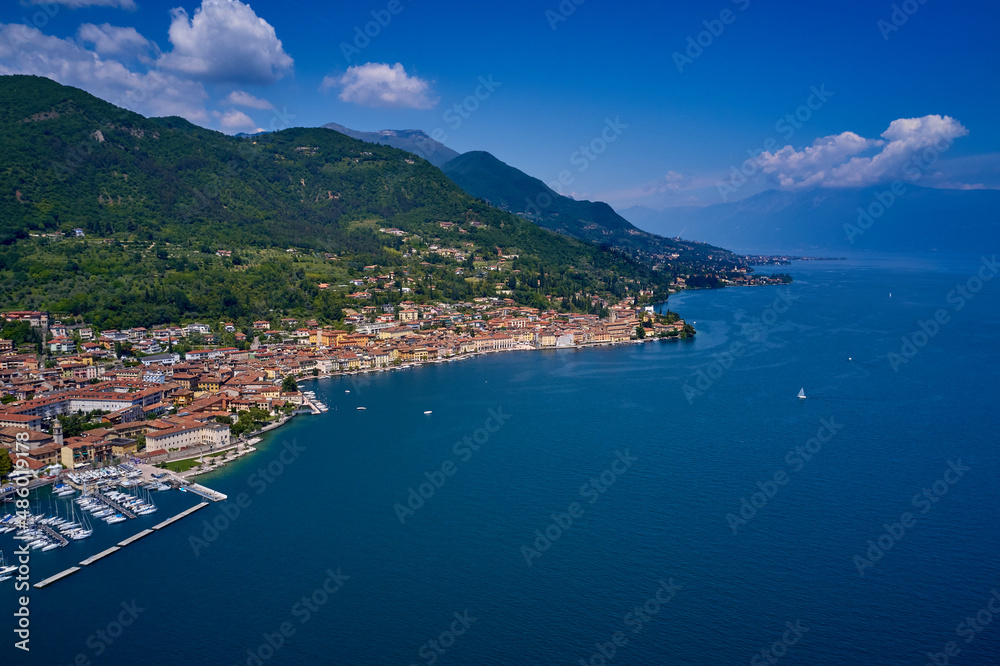 Aerial view of the town on Lake Garda. Panoramic view of the historic part of Salò on Lake Garda Italy. Tourist site on Lake Garda. Lake in the mountains of Italy.