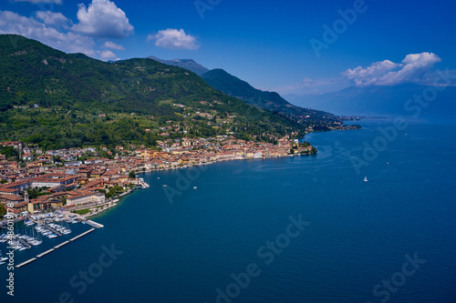 Aerial view of the town on Lake Garda. Panoramic view of the historic part of Salò on Lake Garda Italy. Tourist site on Lake Garda. Lake in the mountains of Italy.