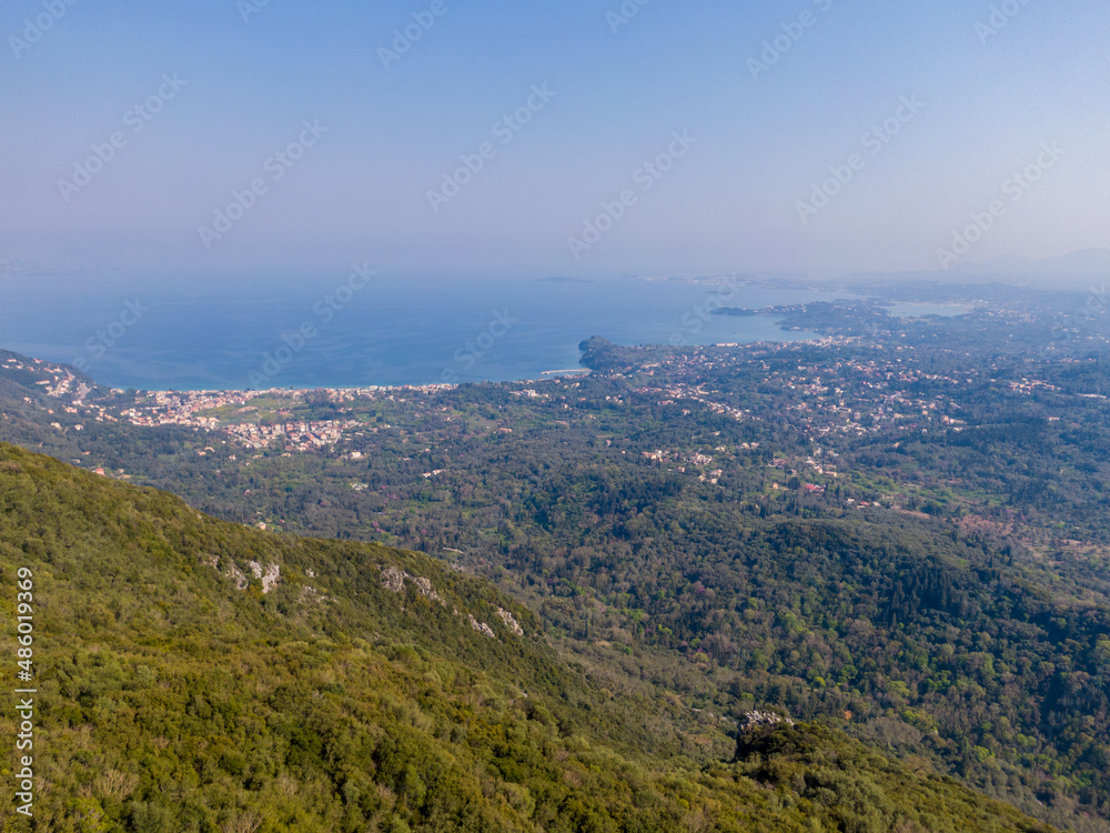 Panoramic droen photo of corfu town drom mountain greece