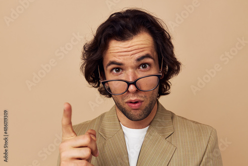 man with glasses emotions gesture hands posing isolated background