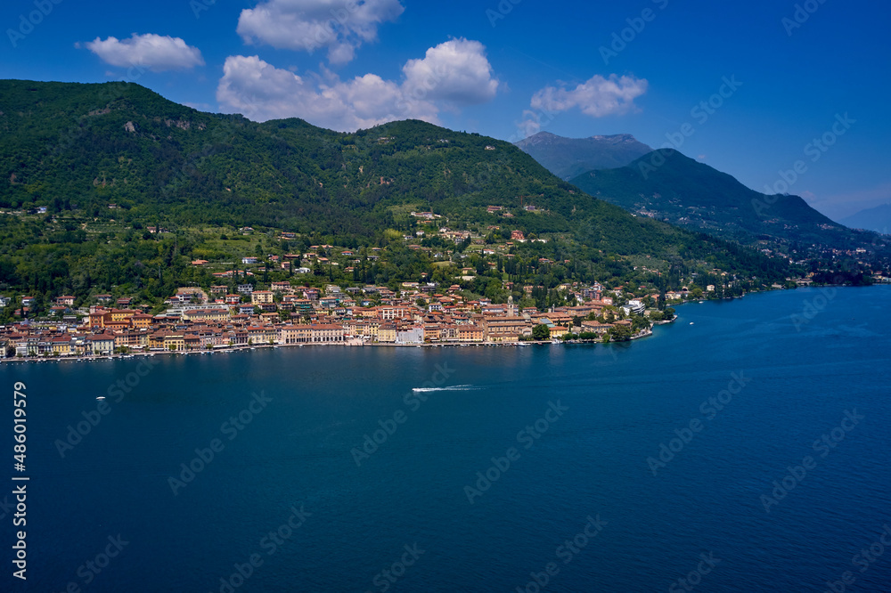Aerial panorama of the historic part of Salò on Lake Garda. Panorama Salò, Italy aerial view.
