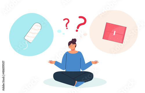 Girl choosing between two feminine hygiene methods. Confused woman with tampon and cotton pad flat vector illustration. Menstruation, choice concept for banner, website design or landing web page