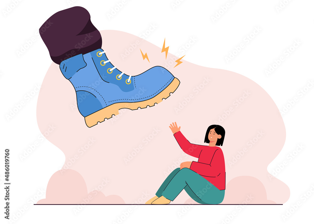 Giant foot in boot crushing, trampling scared tiny woman. Bully offending  small person flat vector illustration. Fight, bullying, harassment concept  for banner, website design or landing web page vector de Stock