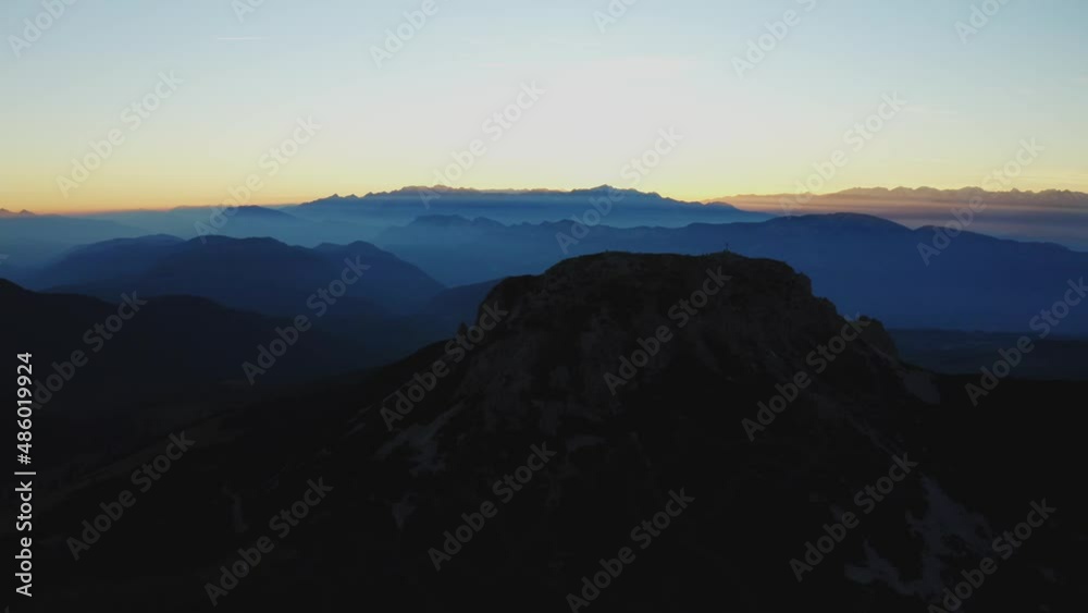 Drone high over mist and Dolomiti at Sunset Drone high over mist and Dolomiti at Sunset
