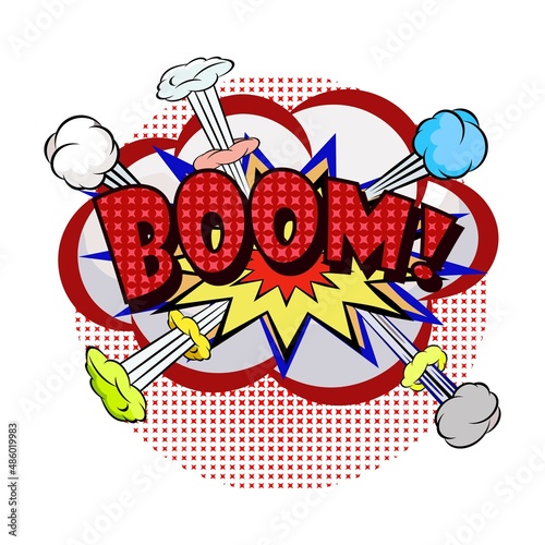 Boom comic explosion bubble in popart vintage style. Cartoon style vector. Vector cartoon bubble explosion with halftone pattern and shadow Wow effect.