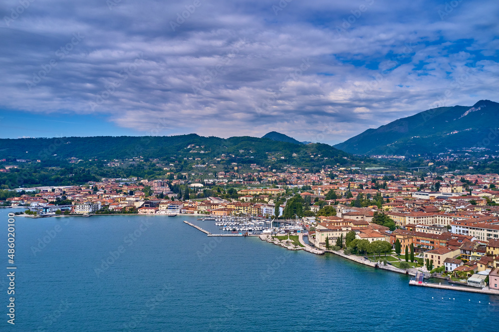 Panoramic view of the historic part of Salò on Lake Garda Italy. Panorama Salò, Italy aerial view. Aerial panorama of the historic part of Salò on Lake Garda. Aerial view of the town on Lake Garda.
