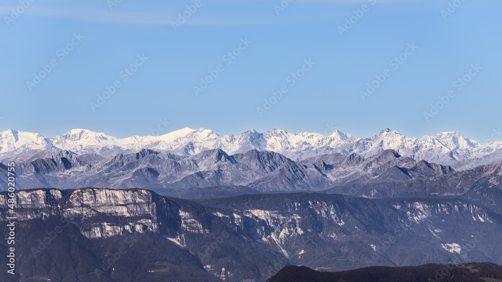 Panoramic landscape of valleys and mountain ranges of the Italian Dolomites Alps