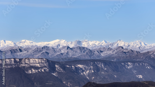 Panoramic landscape of valleys and mountain ranges of the Italian Dolomites Alps © Artem