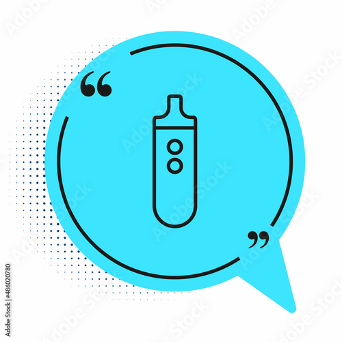 Black line Electronic cigarette icon isolated on white background. Vape smoking tool. Vaporizer Device. Blue speech bubble symbol. Vector