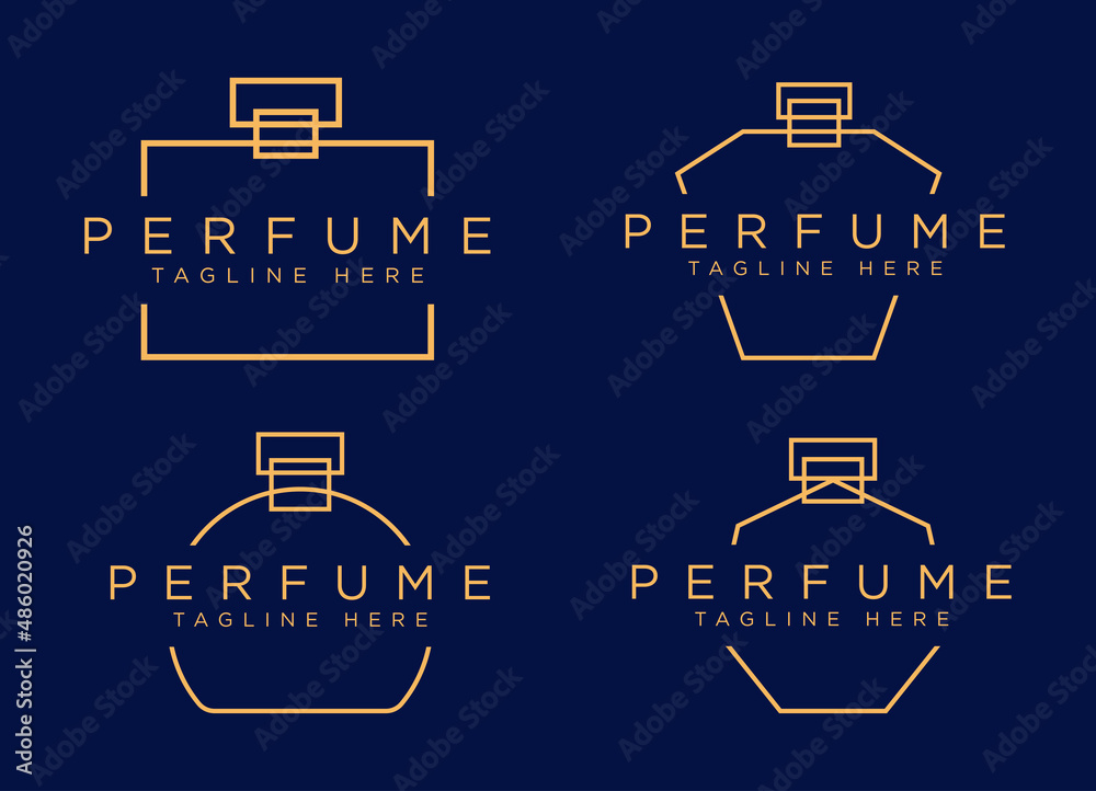 set of simple luxury bottle perfume logo template in blue background