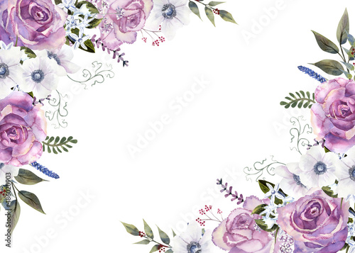 Geometric floral frame with purple roses and anemones in a glass vase on a white isolated background. Hand-drawn watercolor illustration photo