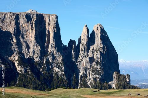 Iconic view of Seiser Alm and Punta Euringer mountain. South Tyrol, Italy.