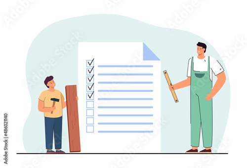 Checklist for carpentry works and tasks of father and son. Tiny man and boy standing with repair tools flat vector illustration. Workshop, diy concept for banner, website design or landing web page