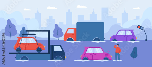 Landscape with flooded city after hurricane or storm. Cars on road in water after heavy rain in spring, buildings in background flat vector illustration. Damage, weather, disaster concept for banner