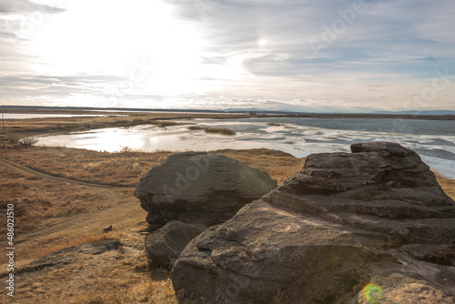 Stone remains  old sanctuary  Big Allaki lake  South Ural  Chelyabinsk region  Russia