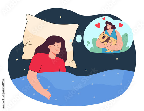 Girl dreaming about adopting little dog. Woman sleeping on comfortable bed at night flat vector illustration. Adoption, human love to animals concept for banner, website design or landing web page