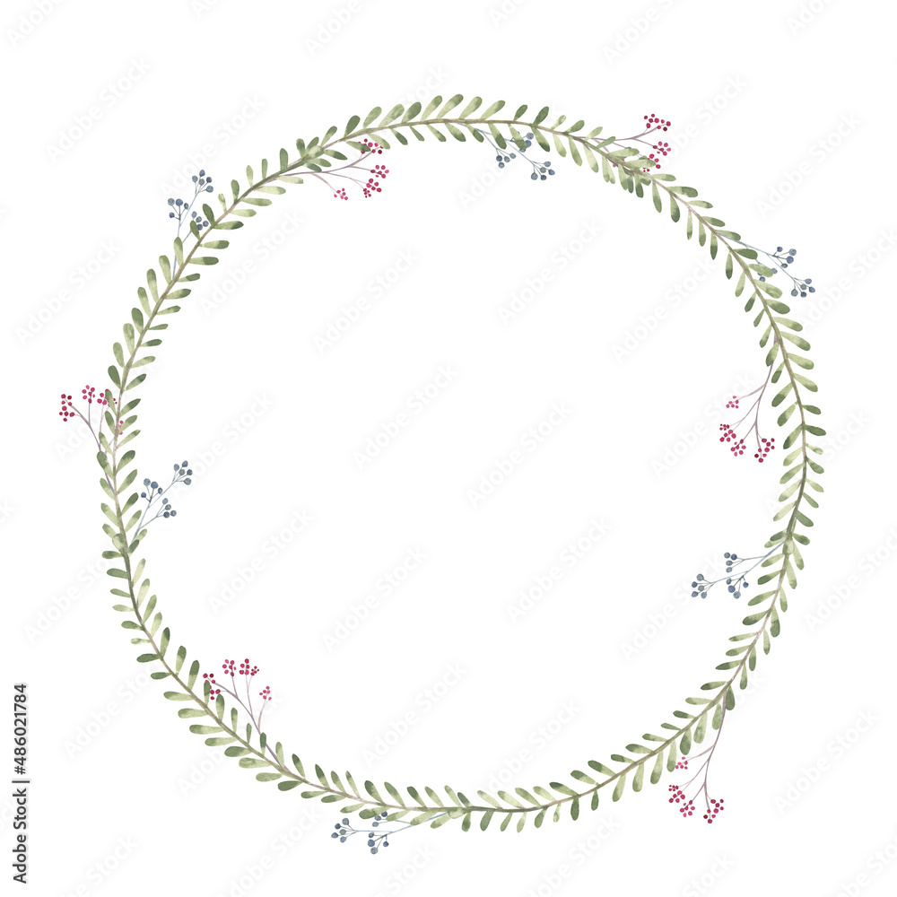 A wreath with twigs and berries on a white isolated background. Hand-drawn watercolor illustration A wreath with twigs and berries on a white isolated background. Hand-drawn watercolor illustration