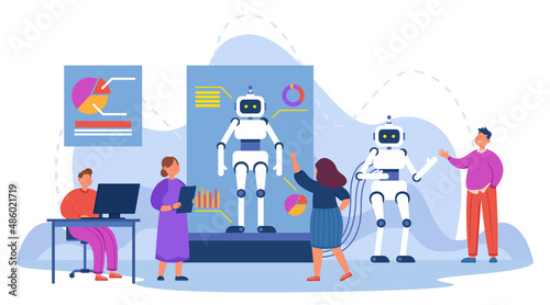 Cartoon tech team people creating robots in lab. Machine or hardware engineering, scientist with computer, new invention flat vector illustration. Technology, development, science concept for banner
