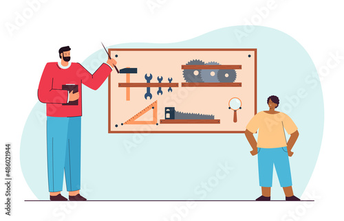 Teacher teaching student carpentry tools for woodwork. Man and boy training on lesson flat vector illustration. Education, apprenticeship concept for banner, website design or landing web page