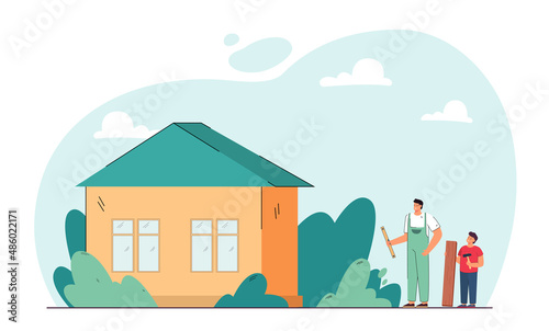 Repair and construction works of father and son. Man and boy holding fix tools, standing near family house flat vector illustration. Renovation concept for banner, website design or landing web page