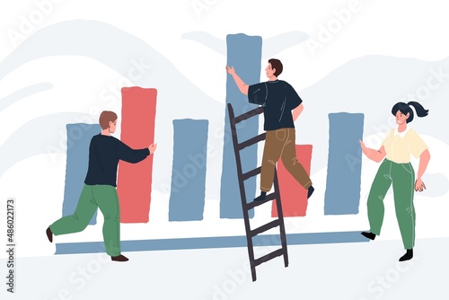 Vector cartoon flat characters,specialists work with a huge diagram bars-online data information statistics and analytics,digital technology specialists workflow concept,web site banner ad design