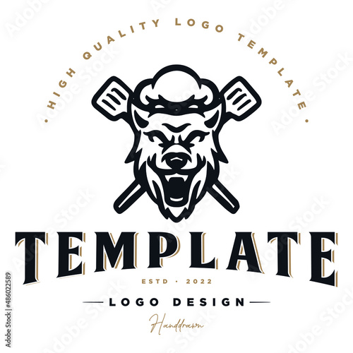 chef dog logo template. chef's dog vector logo with chef's hat and cooking utensils.