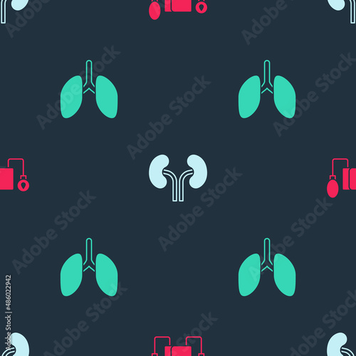 Set Blood pressure, Human kidneys and Lungs on seamless pattern. Vector