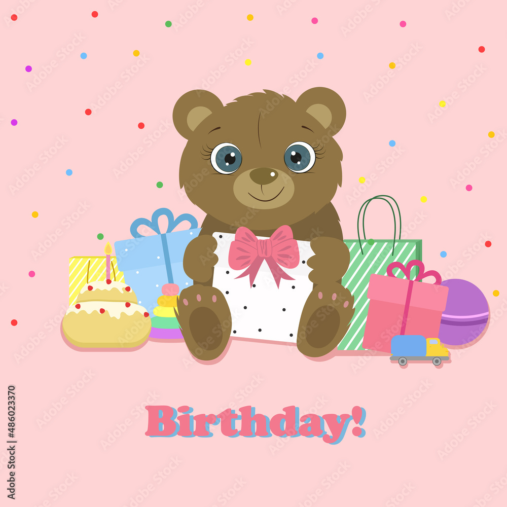 Birthday card. Cute bear with prezent and toys. Vector. Birthday card. Cute bear with prezent and toys. Vector.