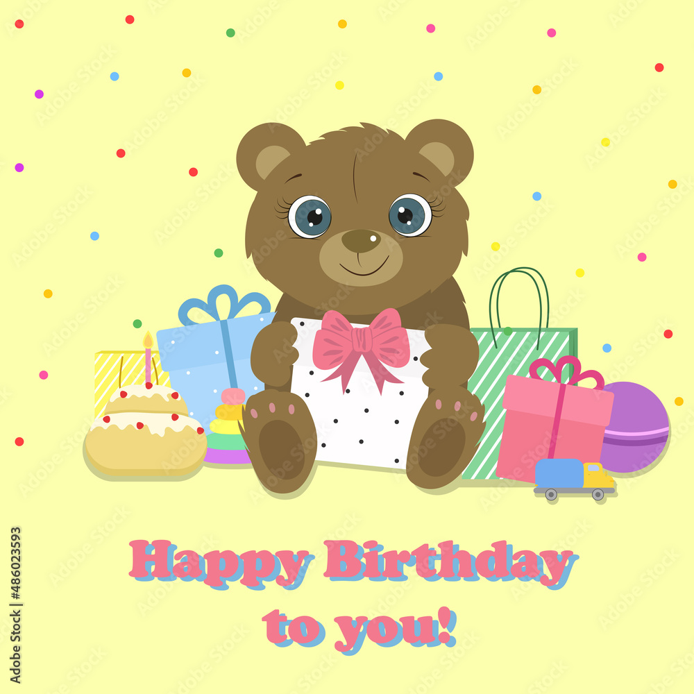 Birthday card. Cute bear with prezent and toys. Vector. Birthday card. Cute bear with prezent and toys. Vector.