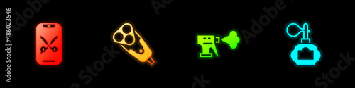 Set Barber online service or platform, Electric razor blade, Hairdresser pistol spray bottle and Aftershave icon. Vector